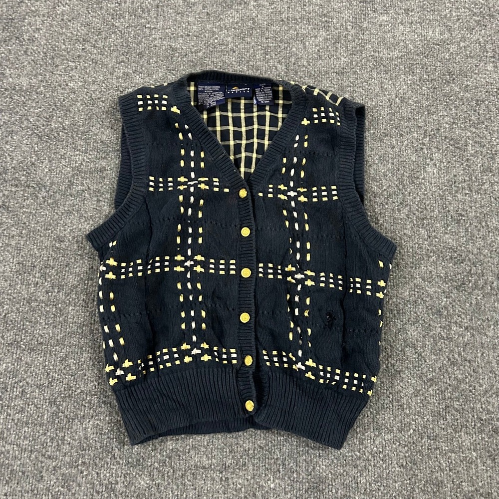 Lizsport Sweater Vest Womens Size PS Navy Blue Cotton Knit Plaid Back Vintage